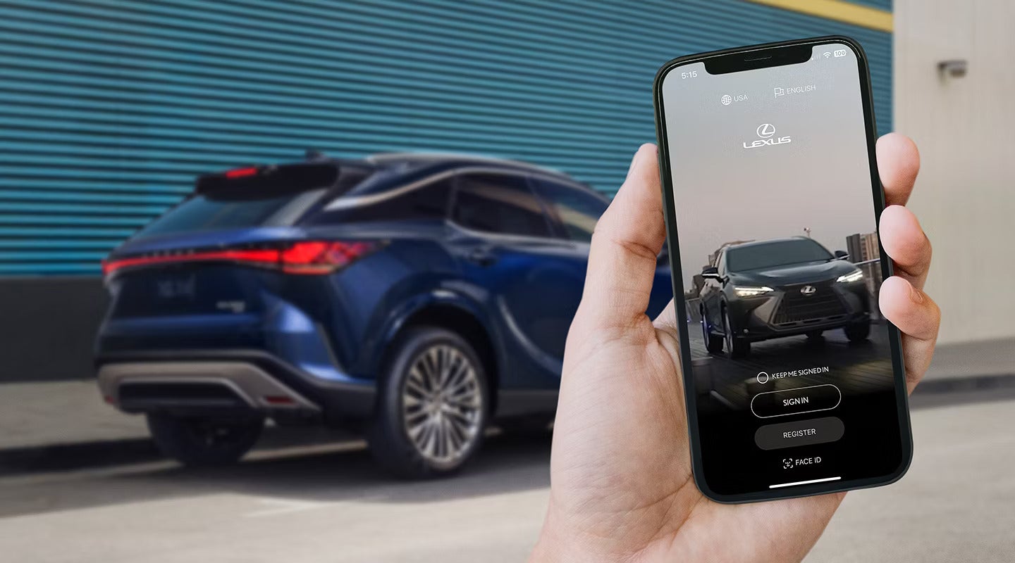 Exterior of the Lexus ES showing Remote Services within the Lexus app.